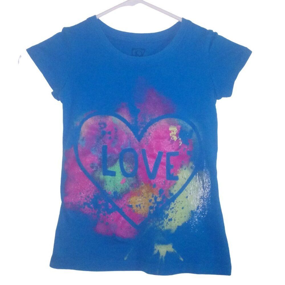 Girls XS 4/5 Blue Paint Splatter Love Heart Graphic Short Sleeve T‑Shirt